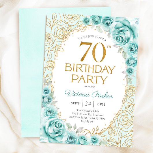 ターコイズゴールドの花柄 70歳の誕生日 招待状