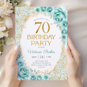 ターコイズゴールドの花柄 70歳の誕生日 招待状