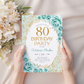 ターコイズゴールドの花柄 80歳の誕生日 招待状
