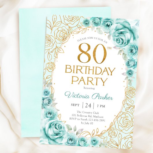 ターコイズゴールドの花柄 80歳の誕生日 招待状
