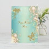 ターコイズゴールドの蝶のウェディングエンゲージメント 招待状 (スタンド正面)