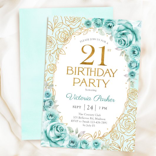 ターコイズゴールドの21歳の誕生日 フラワー 招待状