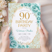 ターコイズゴールドの90歳の誕生日フラワー 招待状