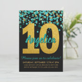 ターコイズゴールドグリッターコンフェッティ ブラック 10歳の誕生日 招待状 (スタンド正面)