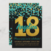 ターコイズゴールドグリッターコンフェッティ ブラック 18歳の誕生日 招待状 (正面/裏面)