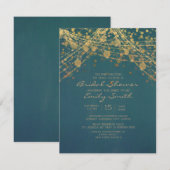 ターコイズゴールドグリッター ストリング ライト ブライダル シャワー 招待状 (正面/裏面)