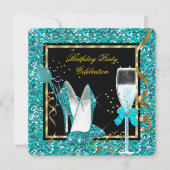 ターコイズゴールドハイヒール グリッター バースデー ブラック 招待状 (正面)