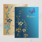 ターコイズゴールドパープルの花と蝶の出欠確認 出欠カード (正面/裏面)