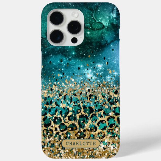 ターコイズゴールドヒョウ柄ギャラクシー オーダーメイド 名前入り Case-Mate iPhoneケース (裏面)