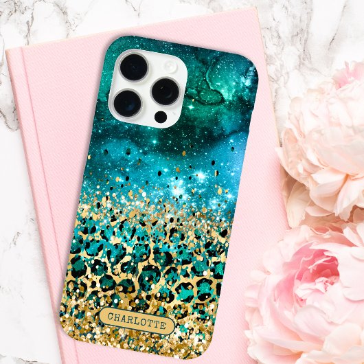 ターコイズゴールドヒョウ柄ギャラクシー オーダーメイド 名前入り Case-Mate iPhoneケース