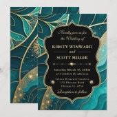 ターコイズゴールドマーブルグリッターエレガントウェディング 招待状 (正面/裏面)