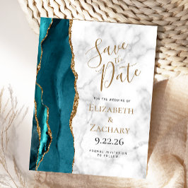 ターコイズゴールド瑪瑙大理石デザインのSave the Date 案内ポストカード