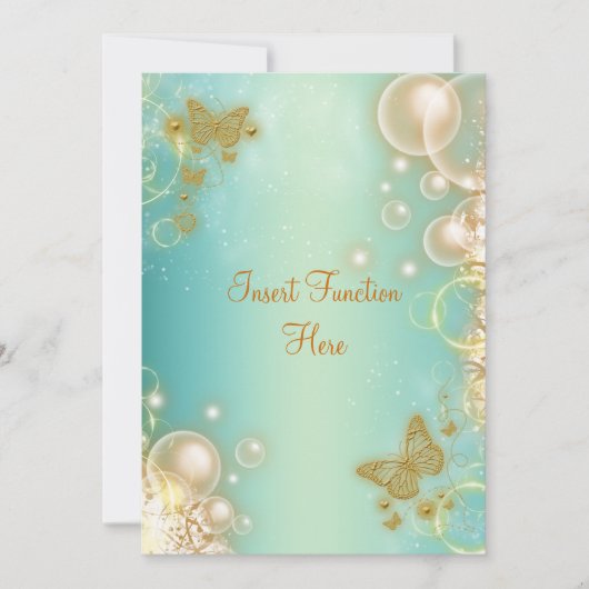 ターコイズゴールド蝶のウェディングエンゲージメント 招待状 (正面)