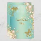 ターコイズゴールド蝶のウェディングエンゲージメント 招待状 (正面/裏面)