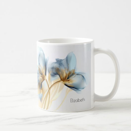 ターコイズゴールド透明なもやの花 | あなたの名前 コーヒーマグカップ (右)