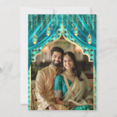 ターコイズゴールド フラワー インド ヒンズー 教徒 写真 結婚式 招待状 (裏面)
