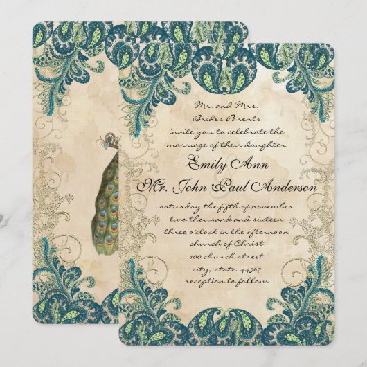 ターコイズゴールド＆ライムピーコックの結婚式招待状 招待状 (正面/裏面)