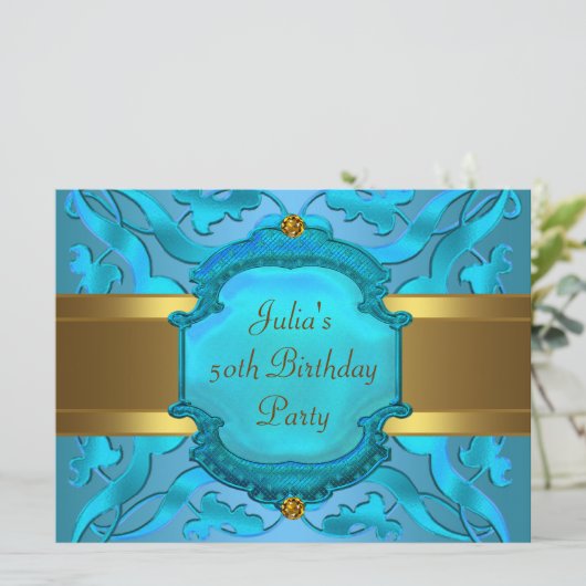 ターコイズゴールド 女性の50歳誕生日パーティー 招待状 (スタンド正面)