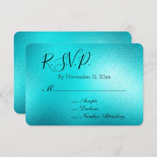 ターコイズシックアクアブルーウェディングRSVP エンクロージャーカード (正面/裏面)
