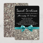 ターコイズシルバーグリッタースウィート16パーティの招待状 招待状 (正面/裏面)