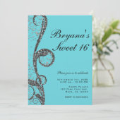ターコイズシルバーグリッター スワール スイート16 バースデーパーティー 招待状 (スタンド正面)