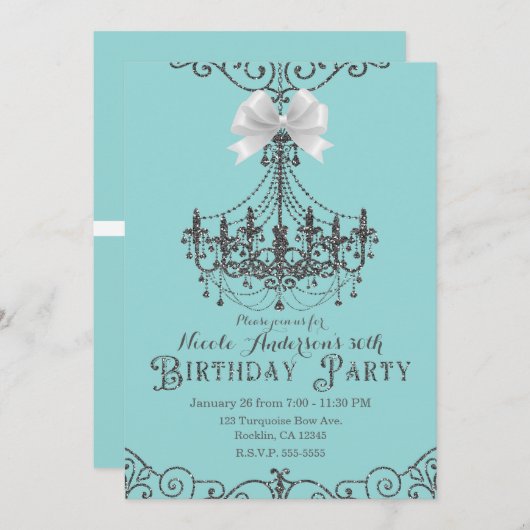 ターコイズシルバーホワイトボウ誕生日パーティー任意の年齢 招待状 (正面/裏面)