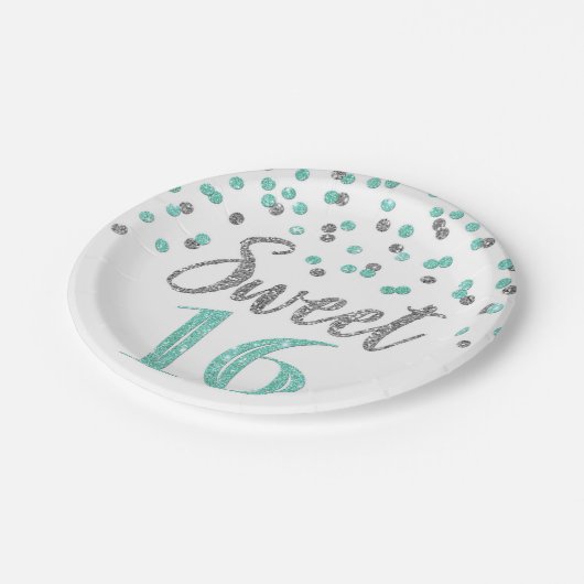 ターコイズシルバー紙吹雪スウィート16バースデーパーティー ペーパープレート (アングル)