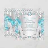 ターコイズシルバー ハイ ヒール ホワイト パール 誕生日 2 招待状 (正面/裏面)