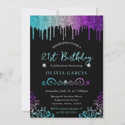 ターコイズシルバー＆パープルグリッター 21歳の誕生日 招待状 (正面)