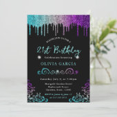 ターコイズシルバー＆パープルグリッター 21歳の誕生日 招待状 (スタンド正面)