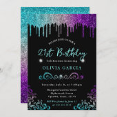 ターコイズシルバー＆パープルグリッター 21歳の誕生日 招待状 (正面/裏面)