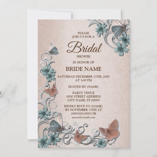 ターコイズシルバー フラワーバタフライ タン ブライダルシャワー 招待状 (正面)