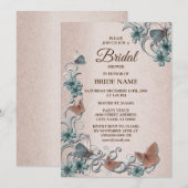 ターコイズシルバー フラワーバタフライ タン ブライダルシャワー 招待状 (正面/裏面)