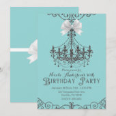 ターコイズシルバー ホワイト リボン 誕生日パーティー どんな年齢でも 招待状 (正面/裏面)