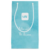 ターコイズシンプルとシックアクア名モノグラム スモールペーパーバッグ (正面)