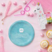 ターコイズシンプルとシックアクア名モノグラム ペーパープレート (パーティー)