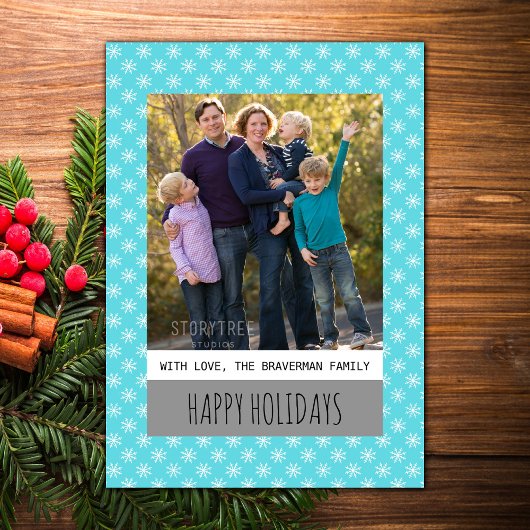ターコイズシンプルスノーフレークホリデーフォトフラットカード シーズンカード