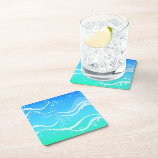 ターコイズシーホワイトスワールコースター スクエアペーパーコースター (インサイチュ)