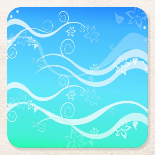 ターコイズシーホワイトスワールコースター スクエアペーパーコースター (正面)