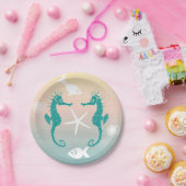 ターコイズシーホースブルーピンクサンセットビーチ結婚式 ペーパープレート (パーティー)