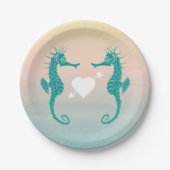 ターコイズシーホースブルーピーチビーチ結婚式ラブ ペーパープレート (正面)