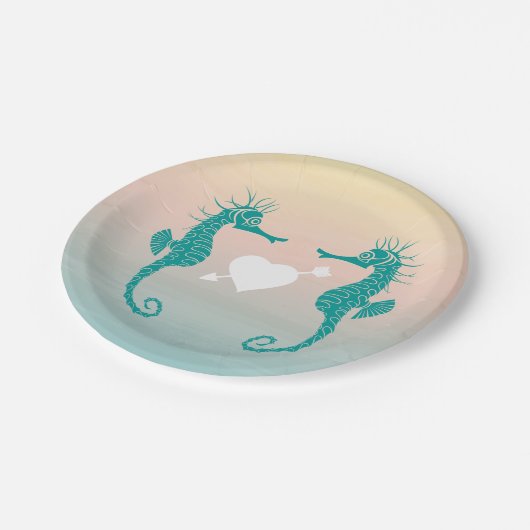 ターコイズシーホースブルーピーチビーチ結婚式ラブ ペーパープレート (アングル)