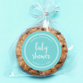 ターコイズスクリプトと白いストライプベビーシャワー ラウンドシール