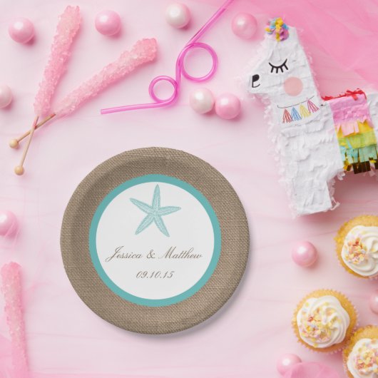 ターコイズスターフィッシュバーラップビーチ結婚式コレクション ペーパープレート (パーティー)