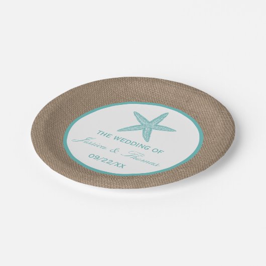 ターコイズスターフィッシュバーラップビーチ結婚式コレクション ペーパープレート (アングル)