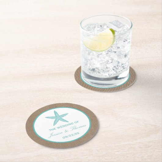 ターコイズスターフィッシュバーラップビーチ結婚式コレクション ラウンドペーパーコースター (インサイチュ)