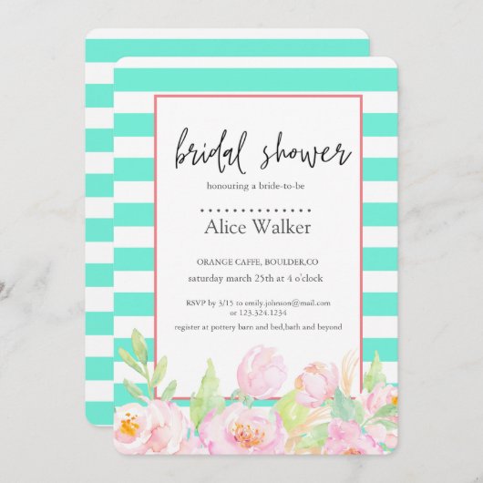ターコイズストライプと牡丹ブライダルシャワーカード (正面/裏面)