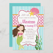 ターコイズストライプピンク水玉模様ブルネットマーメイド 招待状 (正面/裏面)
