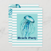 ターコイズストライプ ウォーターカラー クラゲ ビーチパーティー 招待状 (正面/裏面)