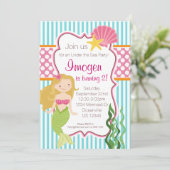 ターコイズストライプ、ピンク水玉模様ブロンドマーメイド 招待状 (スタンド正面)